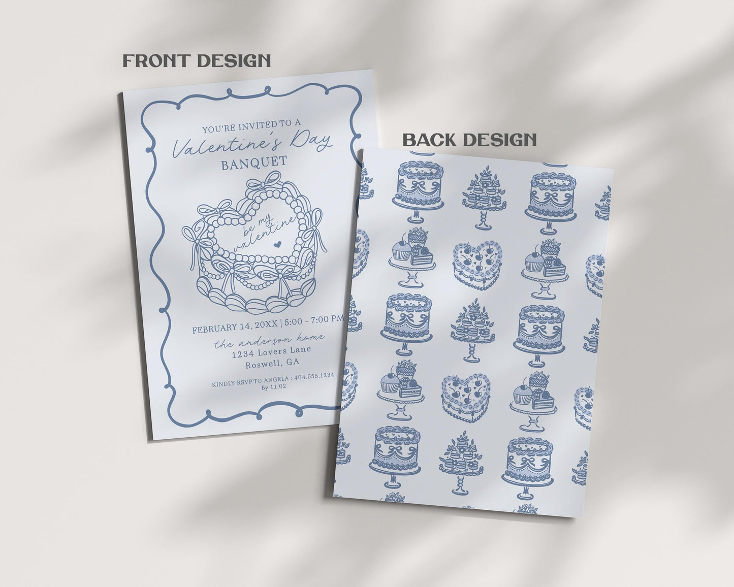 Blue Retro Coquette Heart Cake Valentines Party Bundle Template, Vintage Sweet Valentines Day Banquet, Blue Bow February Couple Night WP1034