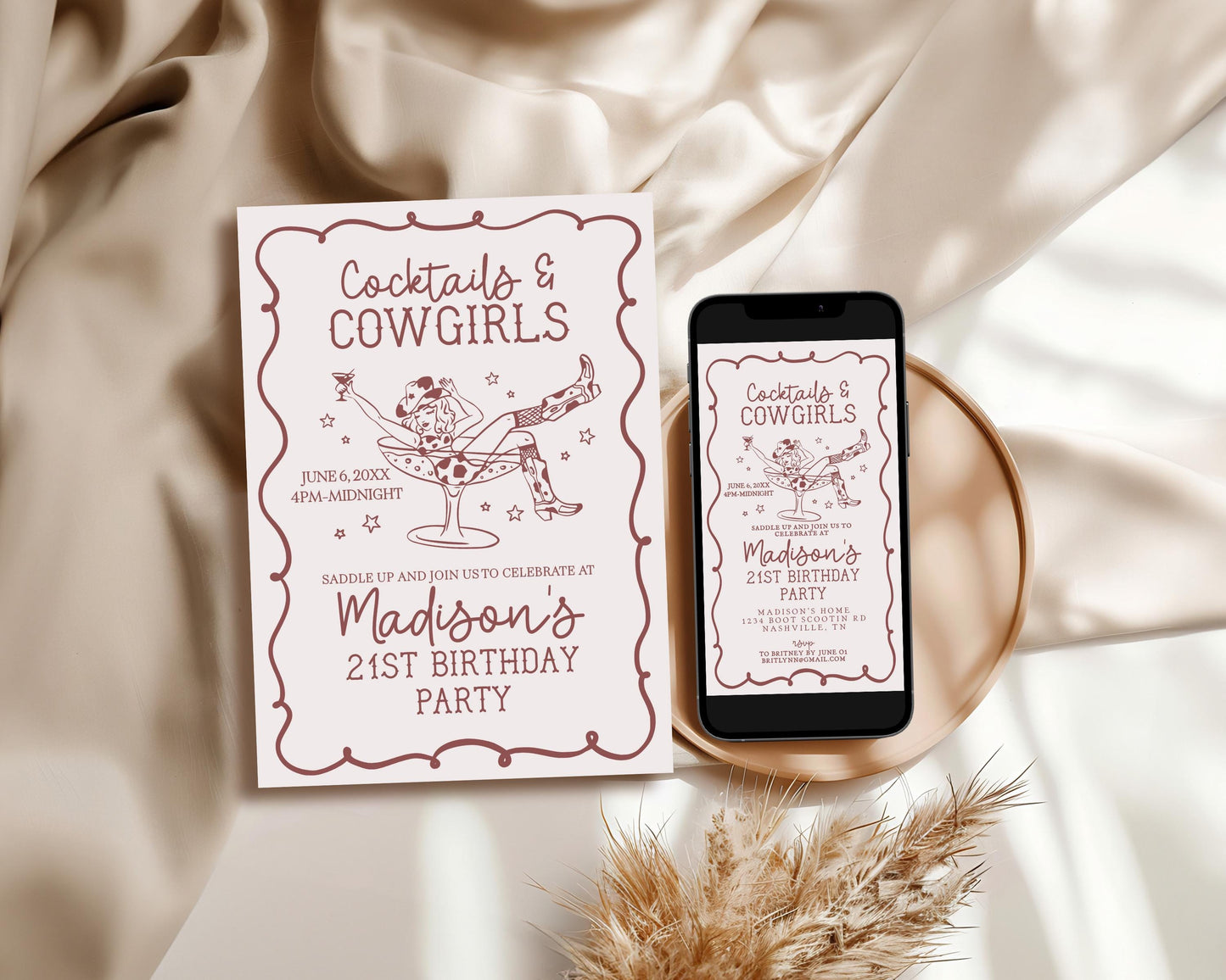 Burgundy Cocktails and Cowgirls Birthday Bundle Template, Nashville Birthday Weekend, Western Theme Boots and Bubbly Birthday Party WP1042
