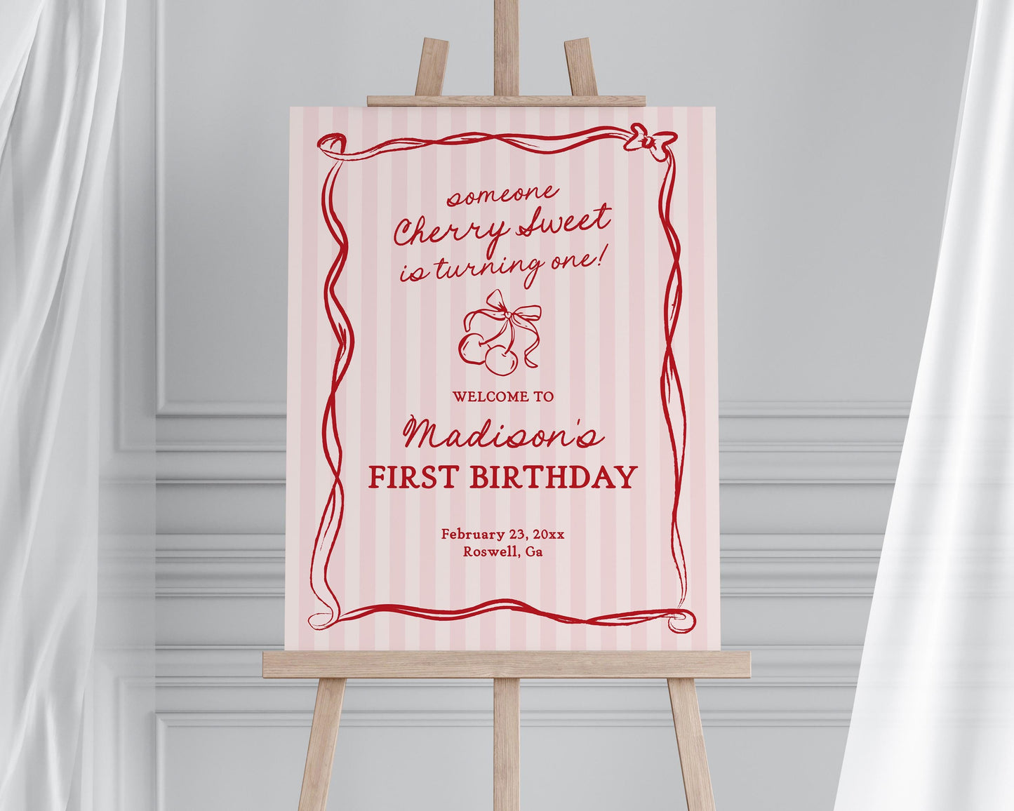 Pink Cherry Coquette Bow First Birthday Bundle Template, Retro Cherry on Top Theme 1st Birthday, Hand Drawn Cherry First Party Decor WP1038