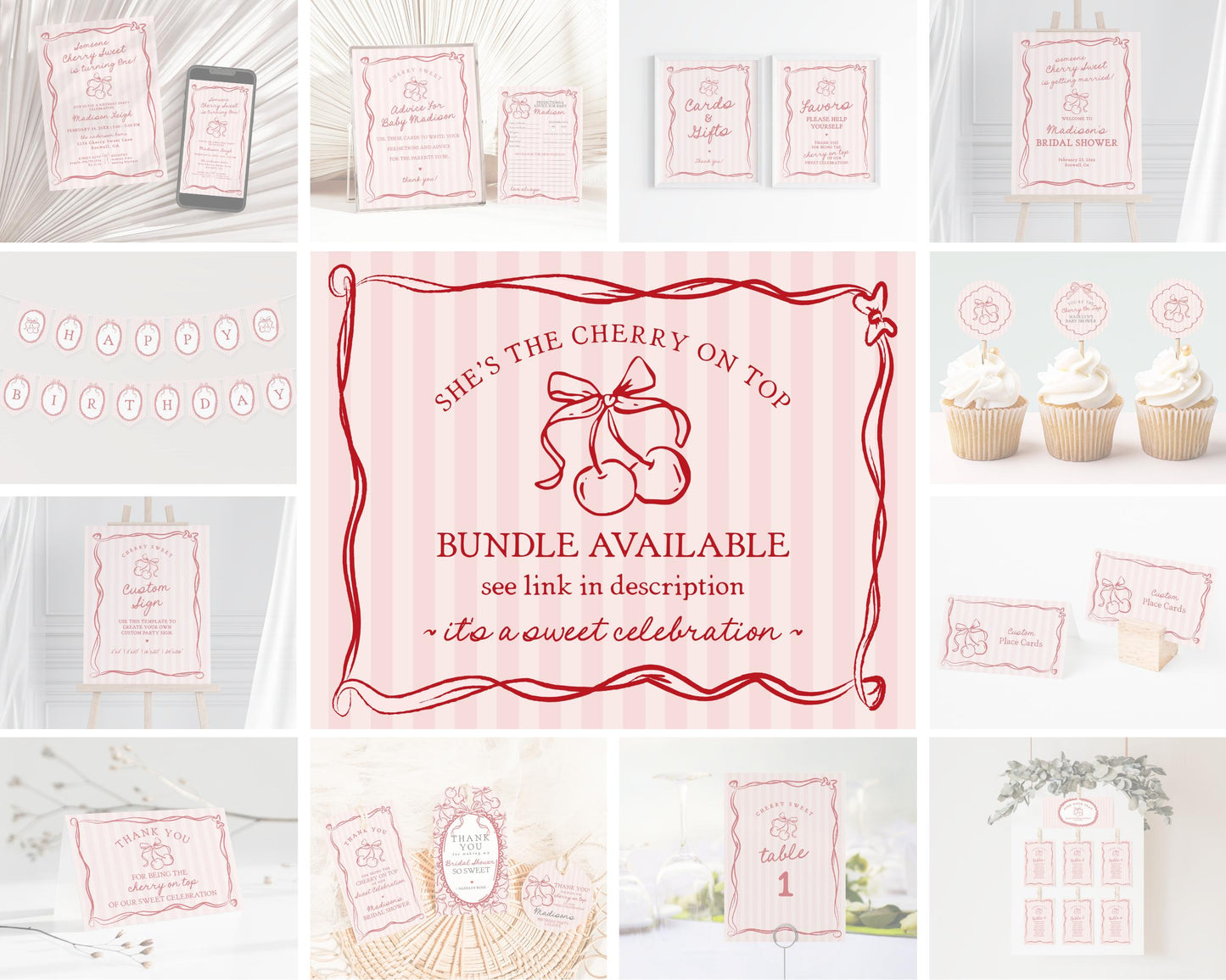 Pink Cherry Coquette Bow Recipe Card Bridal Shower Template, Retro Cherry on Top Theme Bridal Brunch, Hand Drawn Fruit Party Decor WP1038