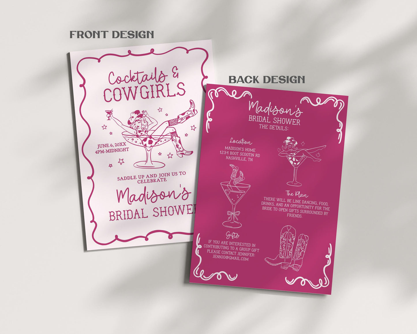 Pink Cocktails and Cowgirls Bridal Shower Bundle Template, Western Theme Bridal Brunch With Bride, Boots Bubbly Last Rodeo Nash Bash WP1040