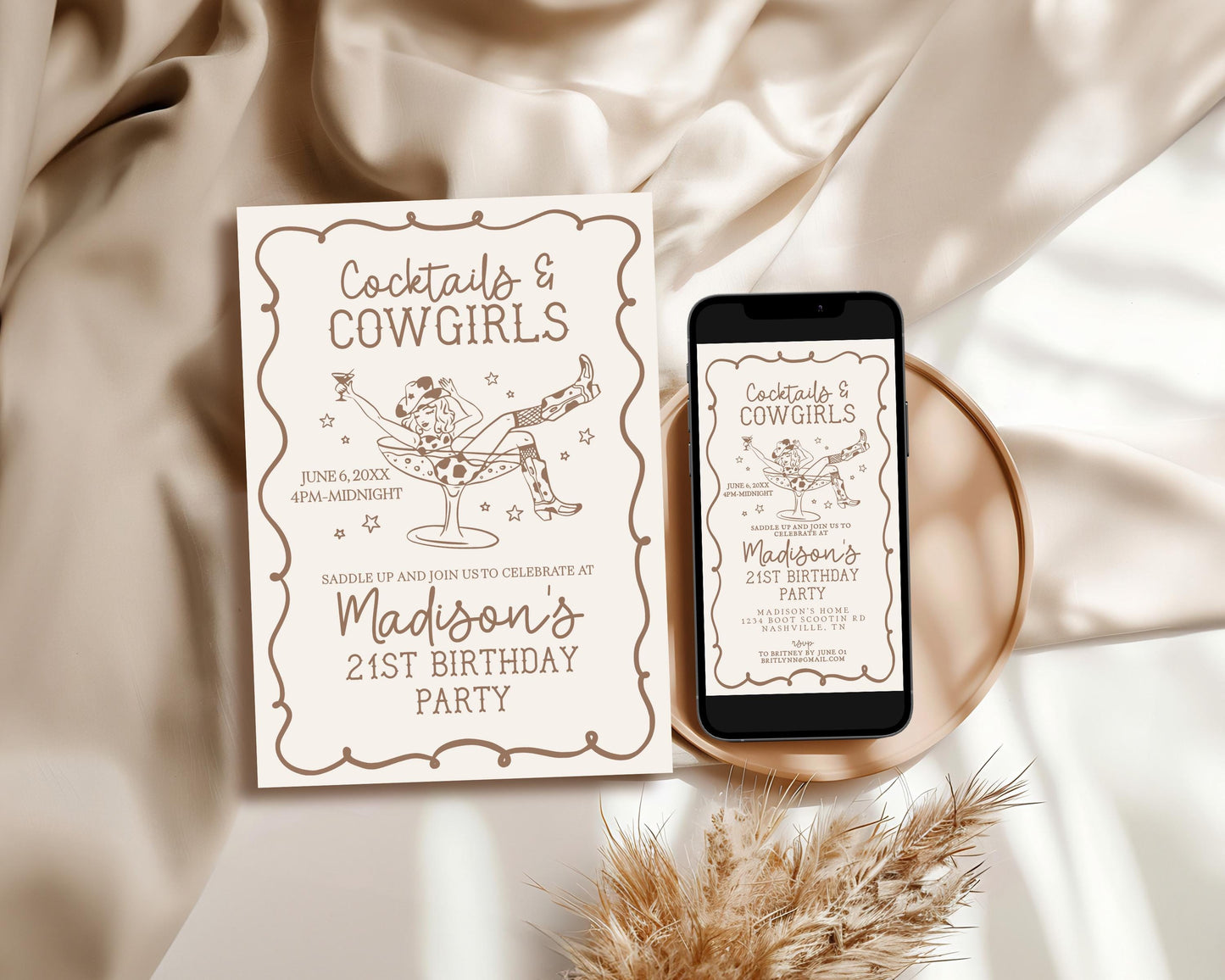 Beige Cocktails and Cowgirls Birthday Bundle Template, Nashville Birthday Weekend, Western Theme Boots and Bubbly Birthday Party WP1041