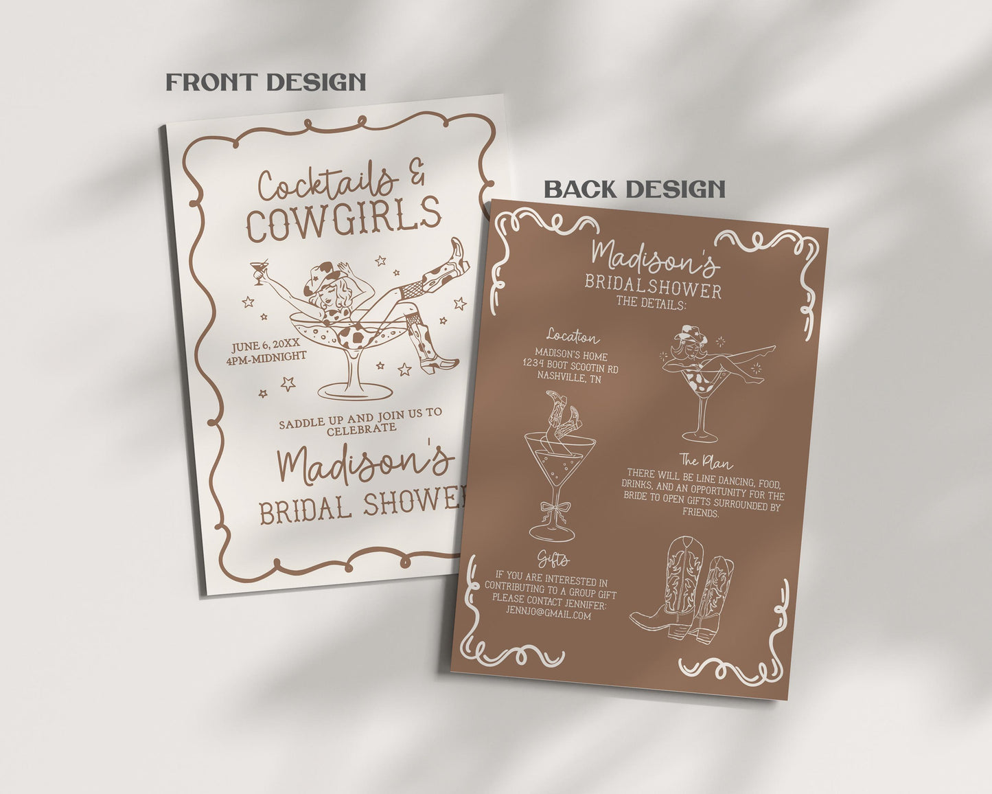 Beige Cocktails and Cowgirls Bridal Shower Bundle Template, Western Theme Bridal Brunch With Bride, Boots Bubbly Last Rodeo Nash Bash WP1041