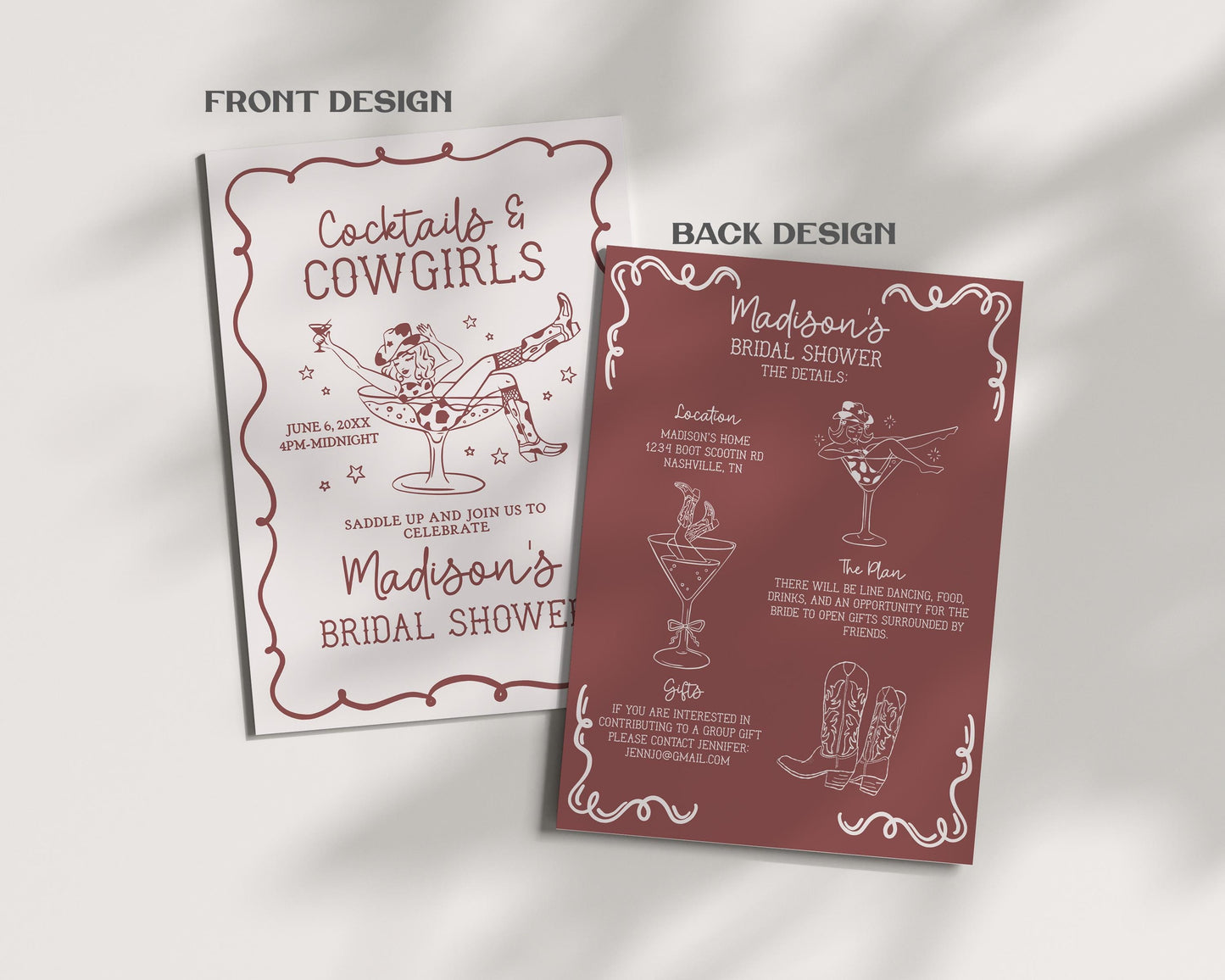 Burgundy Cocktails and Cowgirls Bridal Shower Bundle Template, Western Bridal Brunch With Bride, Boots Bubbly Last Rodeo Nash Bash WP1042