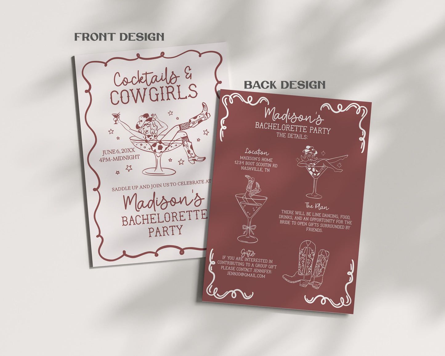 Burgundy Cocktails and Cowgirls Bachelorette Bundle Template, Western Nash Bash, Brides Last Rodeo Bach Weekend, Boots Bubbly Party WP1042
