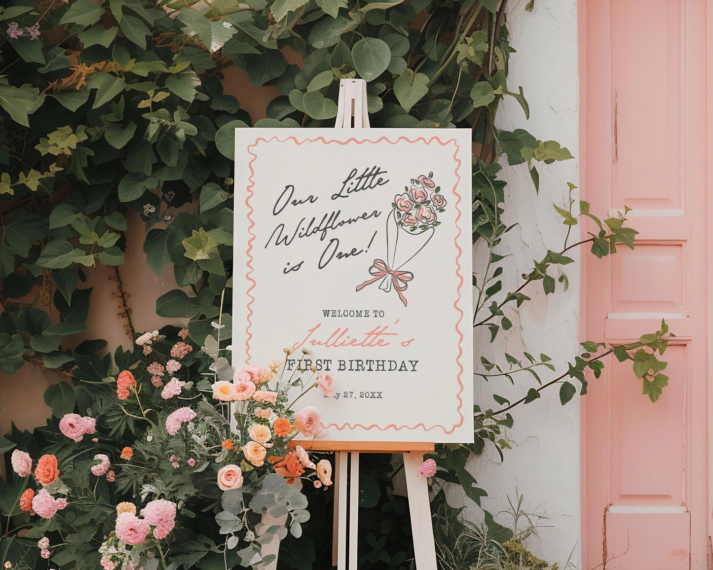 Pink Flower Market First Birthday Bundle Template, Little Wildflower Birthday Party for Girl, Hand Drawn Pink Coquette Floral Doodle WP1044