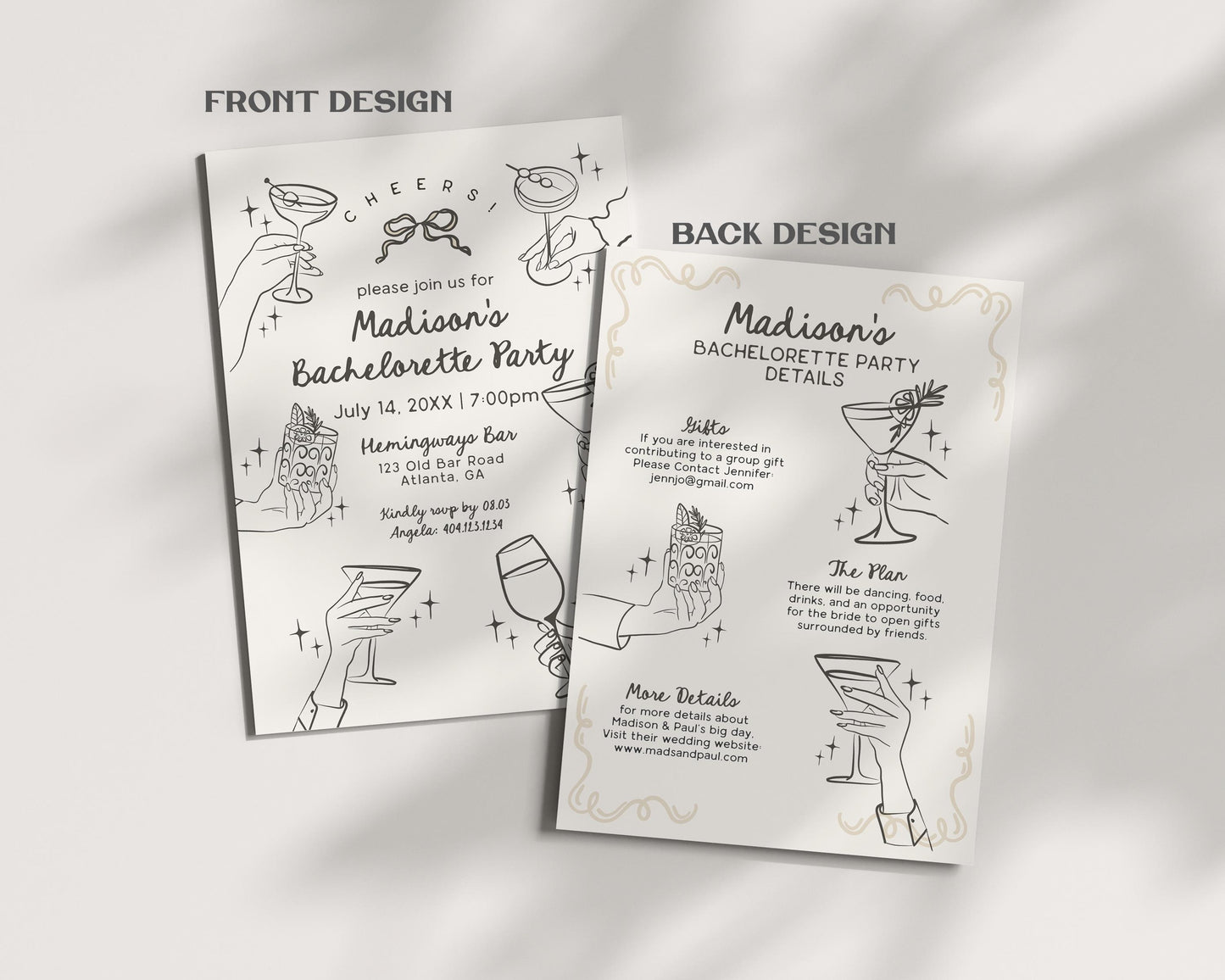 Cheers Beige Cocktail Party Bachelorette Bundle Template, Retro Cocktail Bach Weekend, Hand Drawn Cocktail Hour Hen Party WP1056