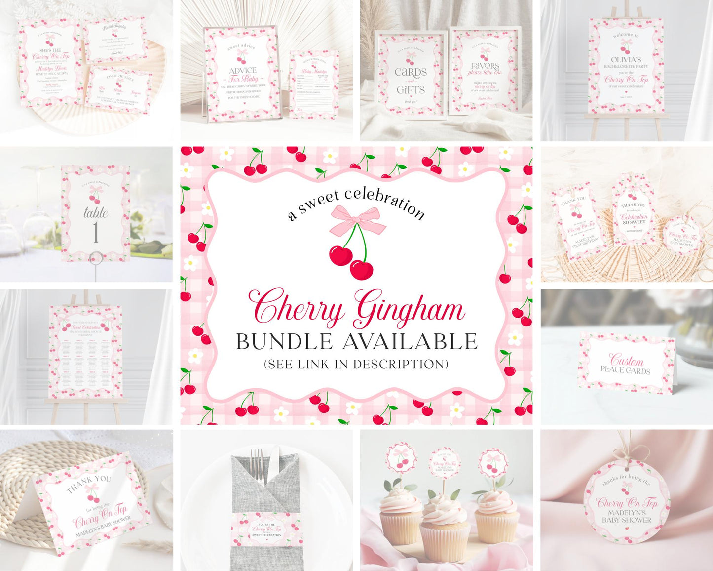 Pink Cherry Gingham Milkshake & Ice Cream Sundae Bar Sign Printable Template, Coquette Sweet Cherry Baby Shower, Pastel Bridal Brunch WP1071