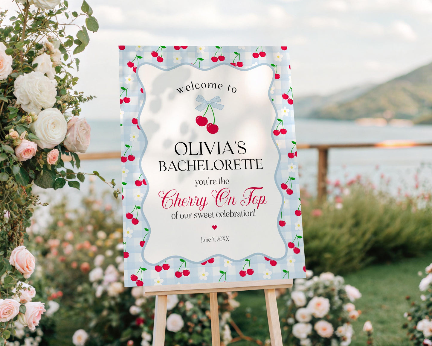 Blue Cherry Gingham Bachelorette Bundle Template, Coquette Cherry Sweet Hen Party, Pastel Gingham Engagement Girls Night Decor WP1072