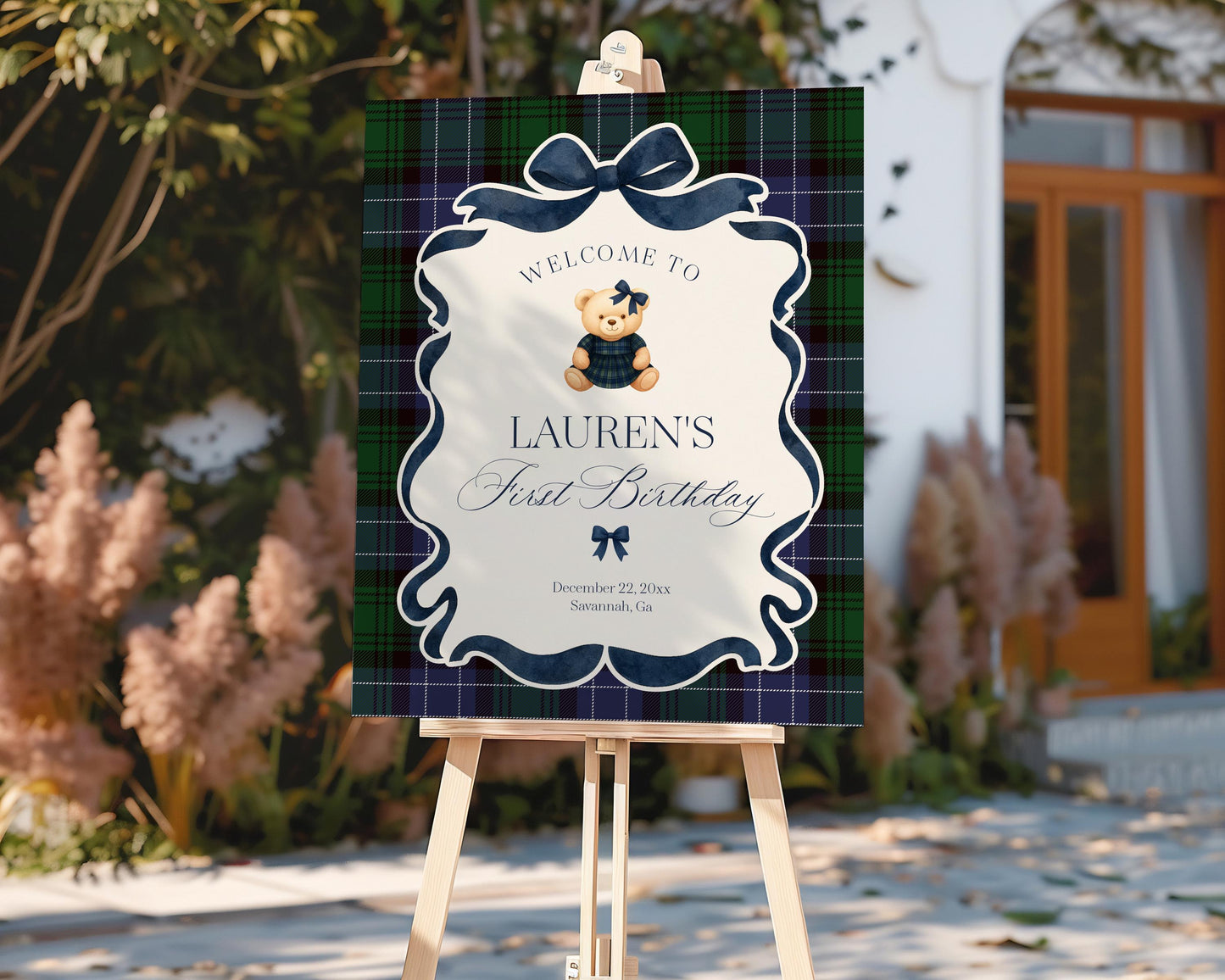 Preppy Bear Girl 1st Birthday Bundle Printable Template, Beary First Birthday Old Money Tartan Plaid Coquette Bow Birthday Party WP1080