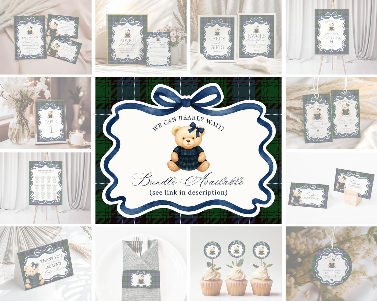 Preppy Girl Bear Menu Template, We Can Bearly Wait Old Money Baby Shower, Beary First Birthday Tartan Plaid Coquette Bow Party WP1080