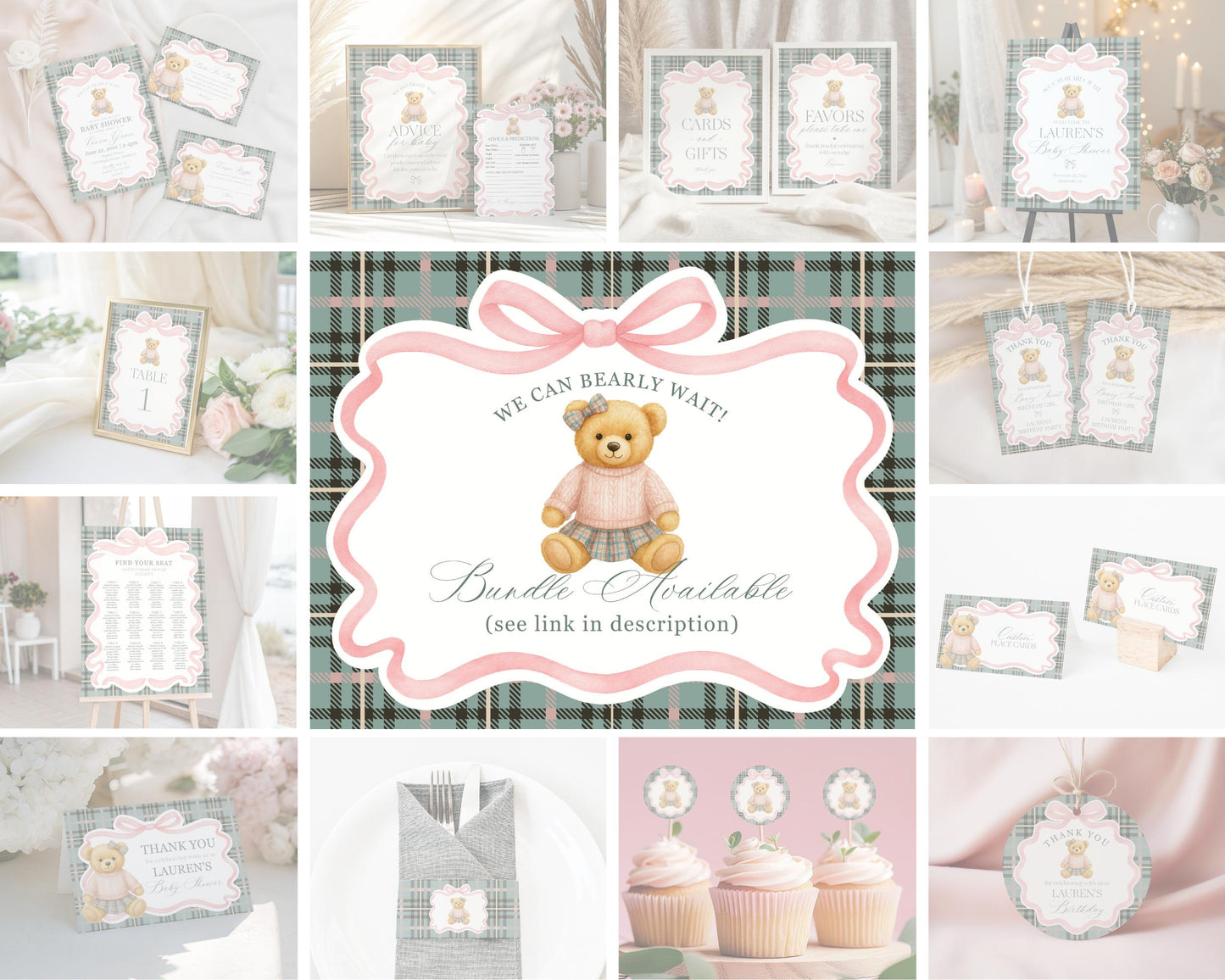 Pink Coquette Bear Birthday Party Welcome Sign Template, We Can Bearly Wait Old Money Baby Sprinkle, Tartan Plaid Bow Nesting WP1081