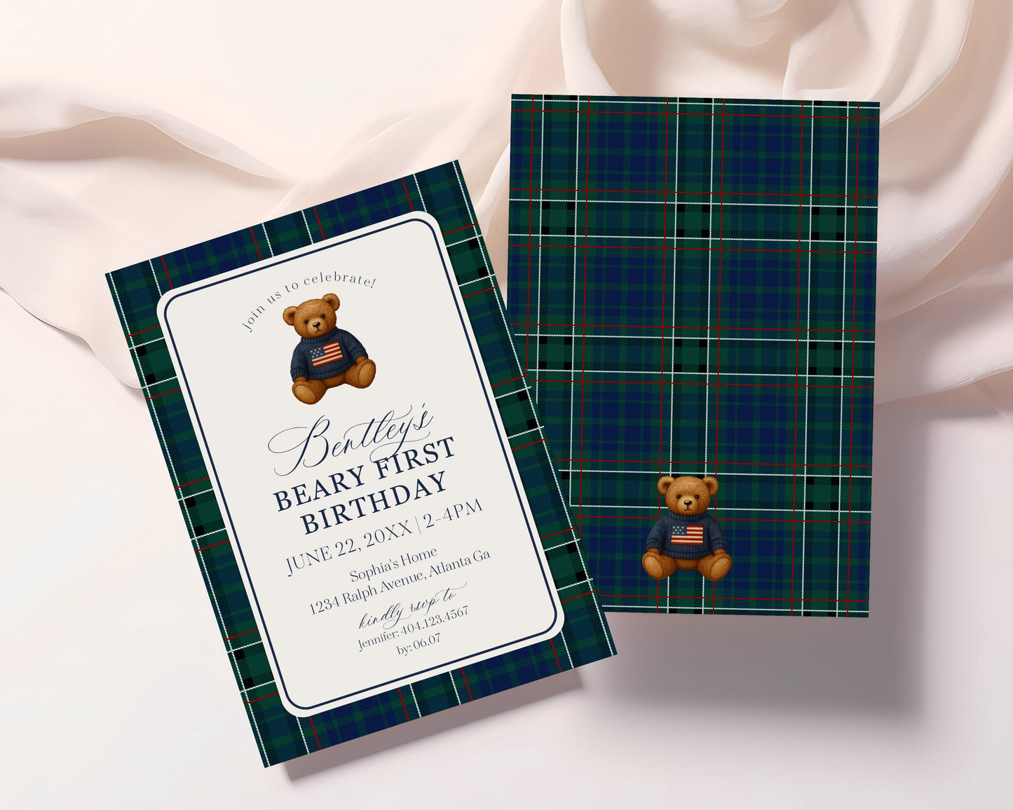 Preppy Bear 1st Birthday Bundle Printable Template, Beary First Birthday Decor, Old Money Birthday Party, Tartan Plaid Party Decor WP1079