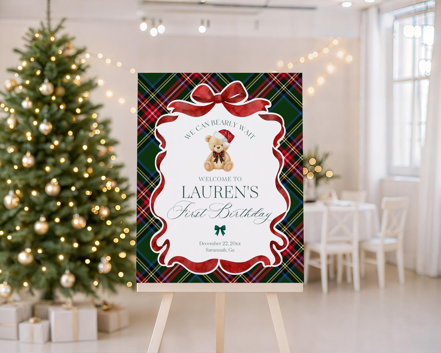 Green Tartan Plaid Christmas Bear 1st Birthday Bundle Template, Beary First Birthday Christmas Bday Party Decor, December Plaid Bear WP1083