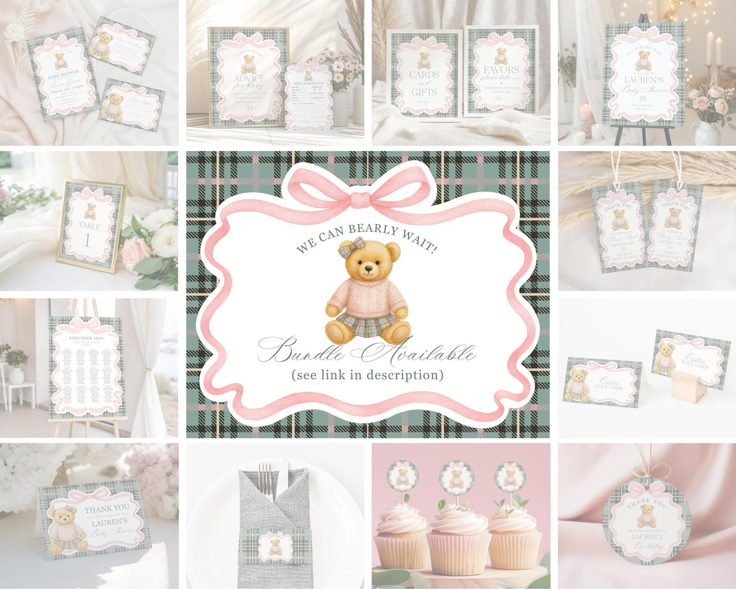 Pink Coquette Bear Cards & Gifts and Favors Sign Template, We Can Bearly Wait Baby Shower, Beary First Birthday Tartan Plaid Bow WP1081