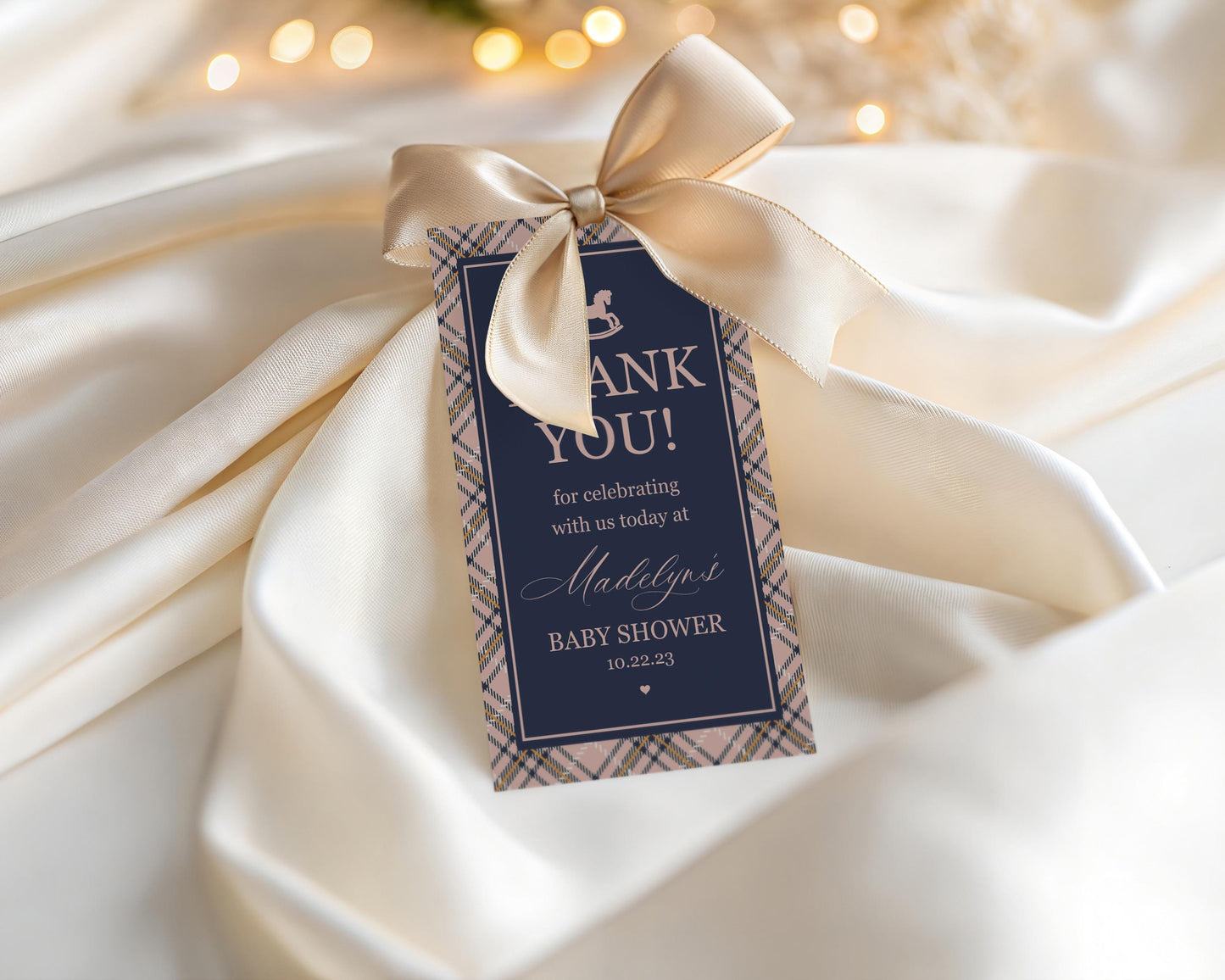 Classic Rocking Horse Baby Shower Favor Tags Template, Pink Tartan Plaid Baby Sprinkle, Old Money Style Brunch with Mom to Be WP1088