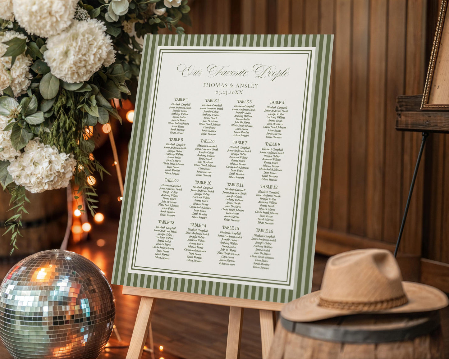 Martini Striped Seating Chart Poster Template, Old Money Bridal Shower, Olive Green Wedding, Modern Vintage Night Before Rehearsal WP1092