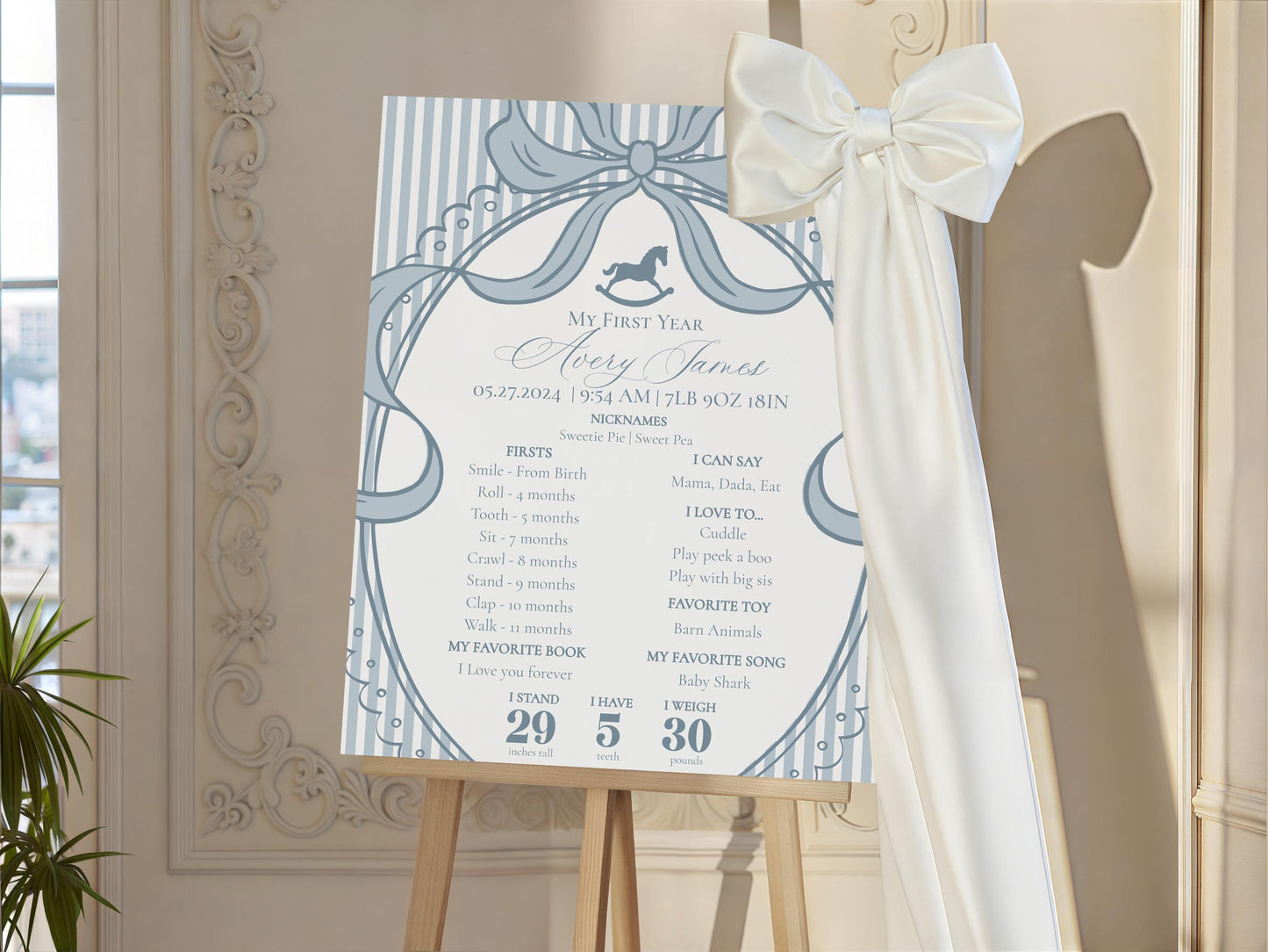 Blue Coquette Bow Rocking Horse First Year Milestone Sign Printable Template, Preppy Striped First Birthday Party WP1095