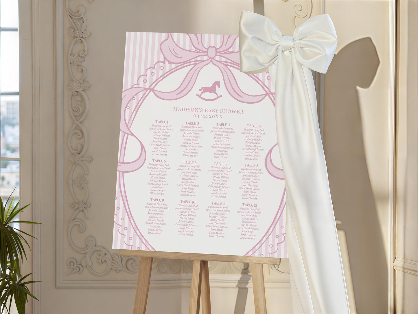 Pink Coquette Bow Rocking Horse Seating Chart Poster Template, Striped Preppy Baby Shower, Classic First Birthday Party WP1094