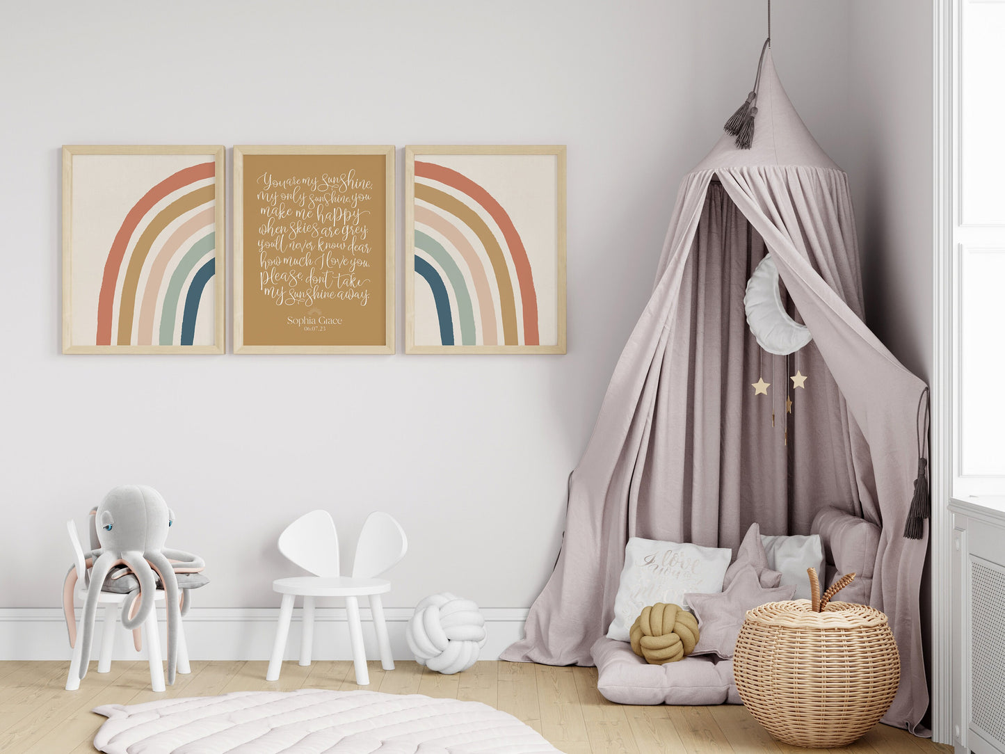 You are my sunshine 3 piece nursery decor Printable, sunshine calligraphy print, personalized sunshine lyrics, yellow boho nursery decor