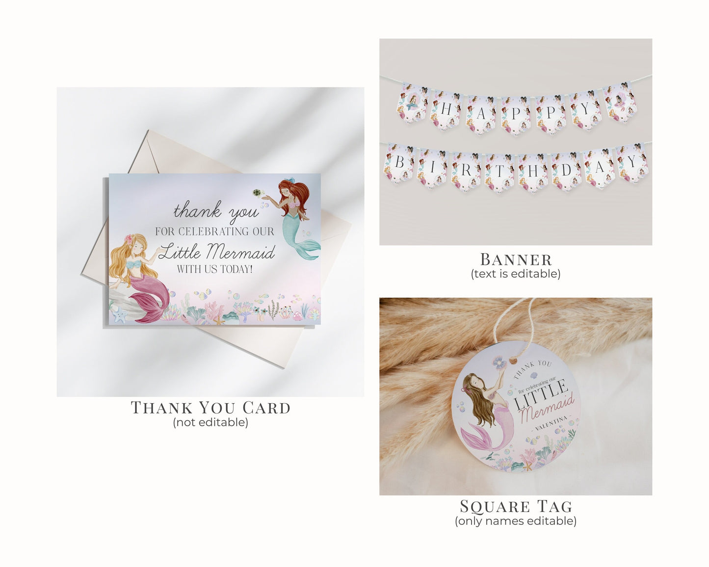 Mermaid Birthday Party Bundle Printable Template, enchanted under the sea birthday for girl, pastel magical mermaid pool party