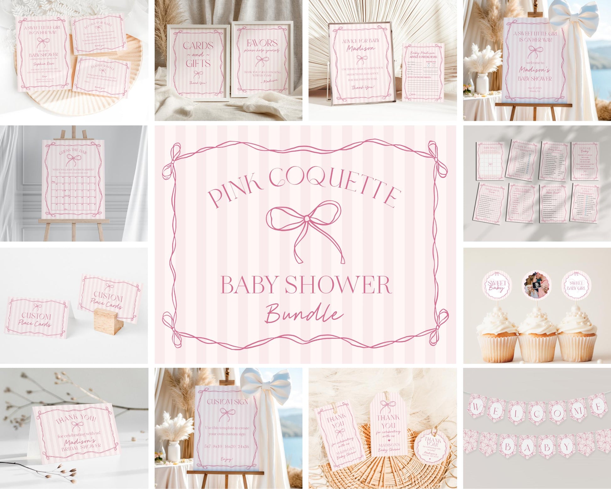 Pink Coquette Bow Baby Shower Bundle Template, Pastel Pink Grandmillennial Theme Baby Sprinkle with Whimsical Hand Drawn Bows WP1060