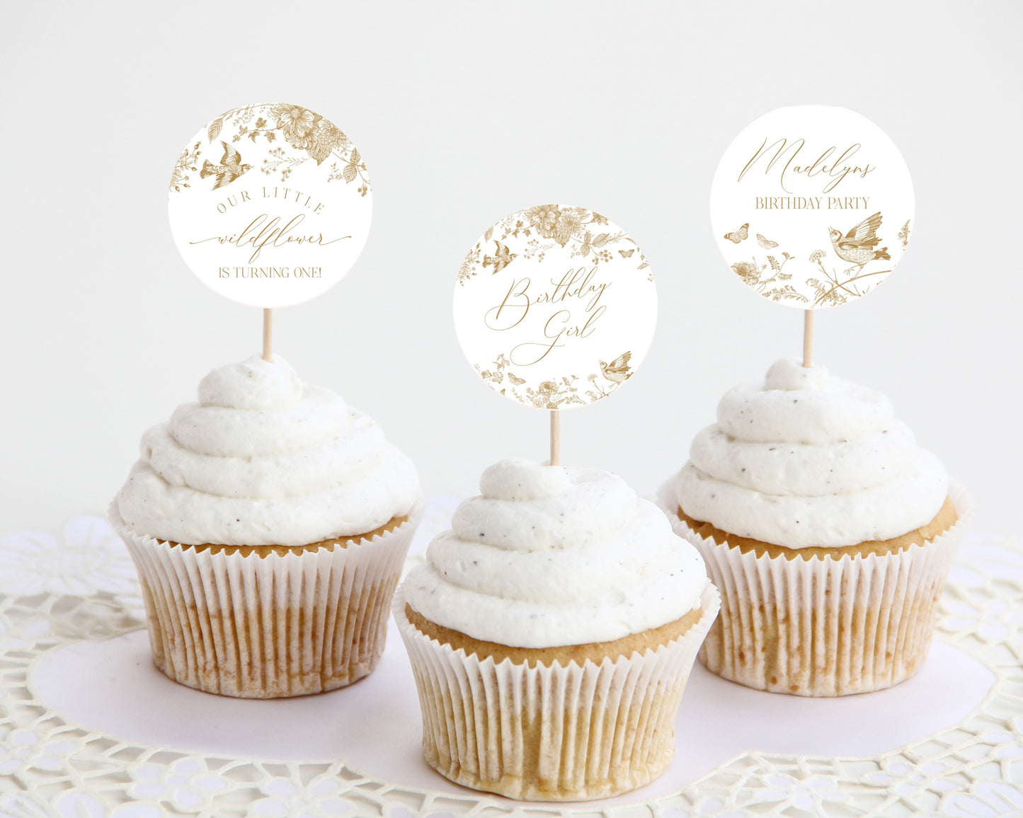 Gold Toile De Jouy Birthday Cupcake Toppers Printable Template