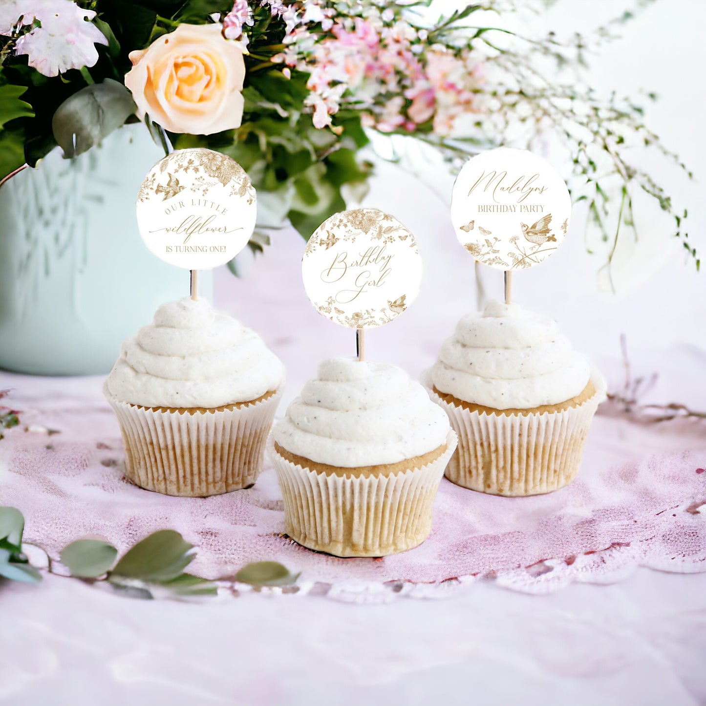 Gold Toile De Jouy Birthday Cupcake Toppers Printable Template