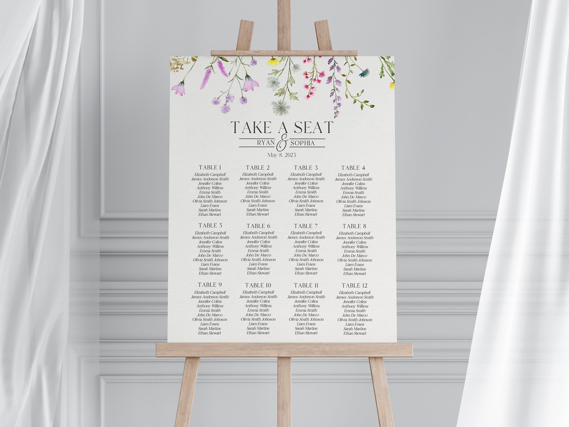 Delicate Wildflower Wedding Seating Chart Cards Printable Template