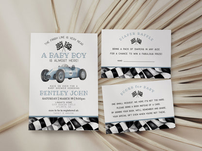 Blue Race Car Baby Shower Mini Bundle Template, digital files for baby shower for boy, printable retro vintage race car party, race on over