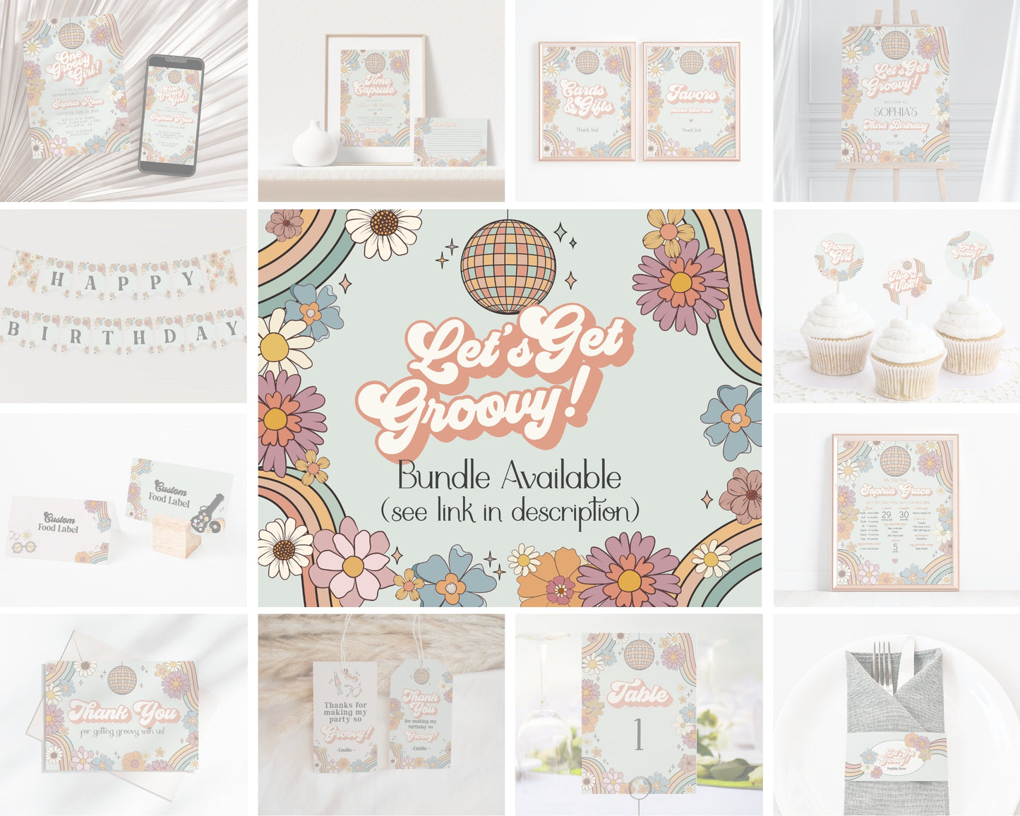 Vibin Thrivin and Thirteen Groovy Floral 13th Birthday Invitation Template, retro thirteenth birthday party invite for 70s disco party girl