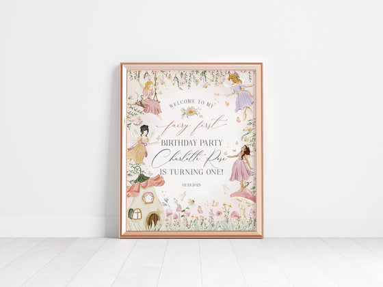 Fairy First Birthday Welcome Sign Template, enchanted garden fairytale girl fairy 1st birthday magical fairy tea party boho woodland fairy