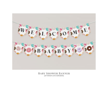 Donut Sprinkles Baby Shower Banner Printable Template, Donuts and Diapers Baby Sprinkle for Girl, Sweet Celebration Sprinkled with Love