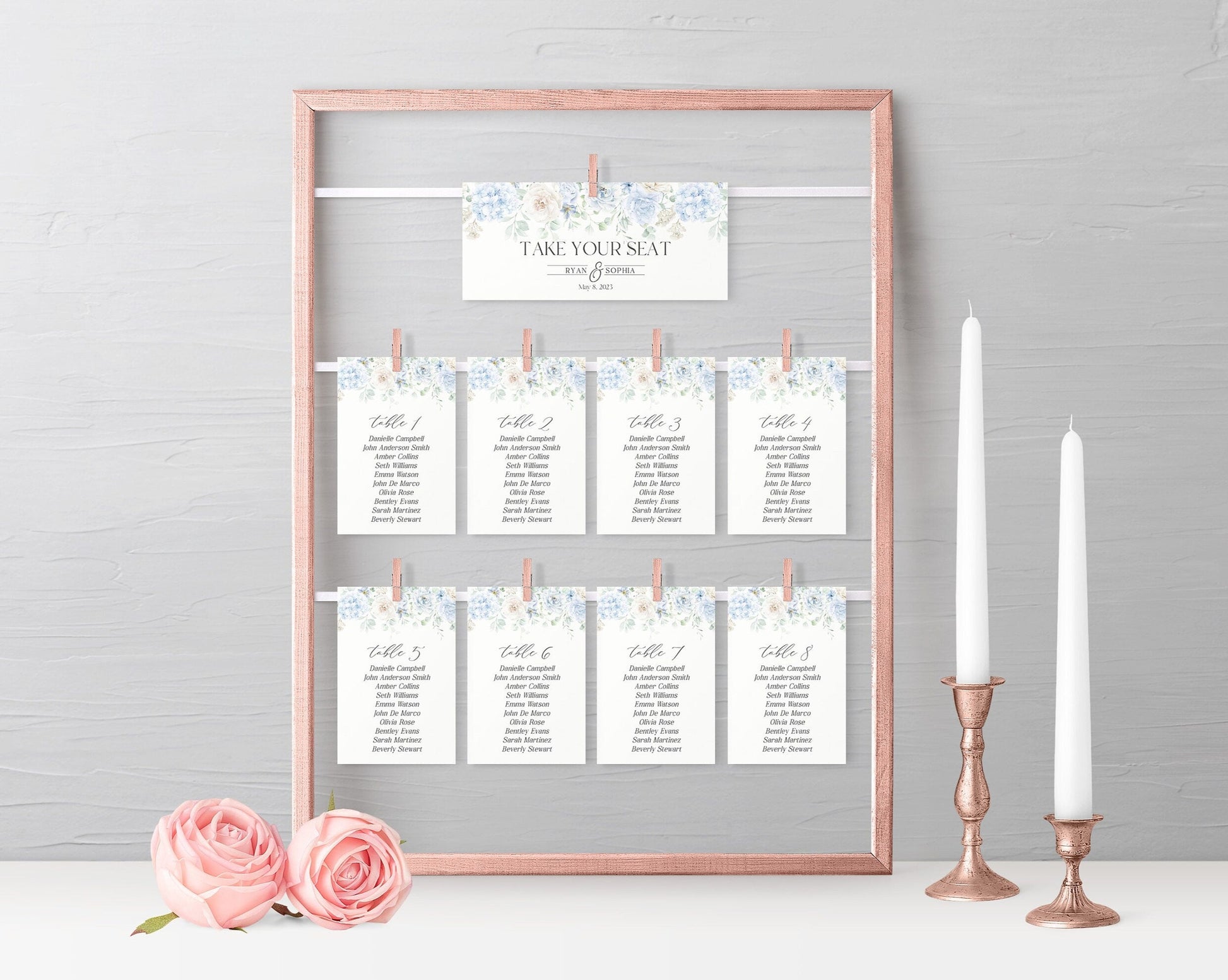 Blue Floral Wedding Seating Chart Cards Printable Template