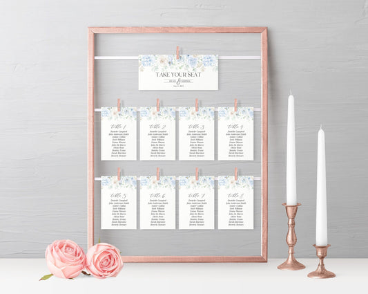 Blue Floral Wedding Seating Chart Cards Printable Template