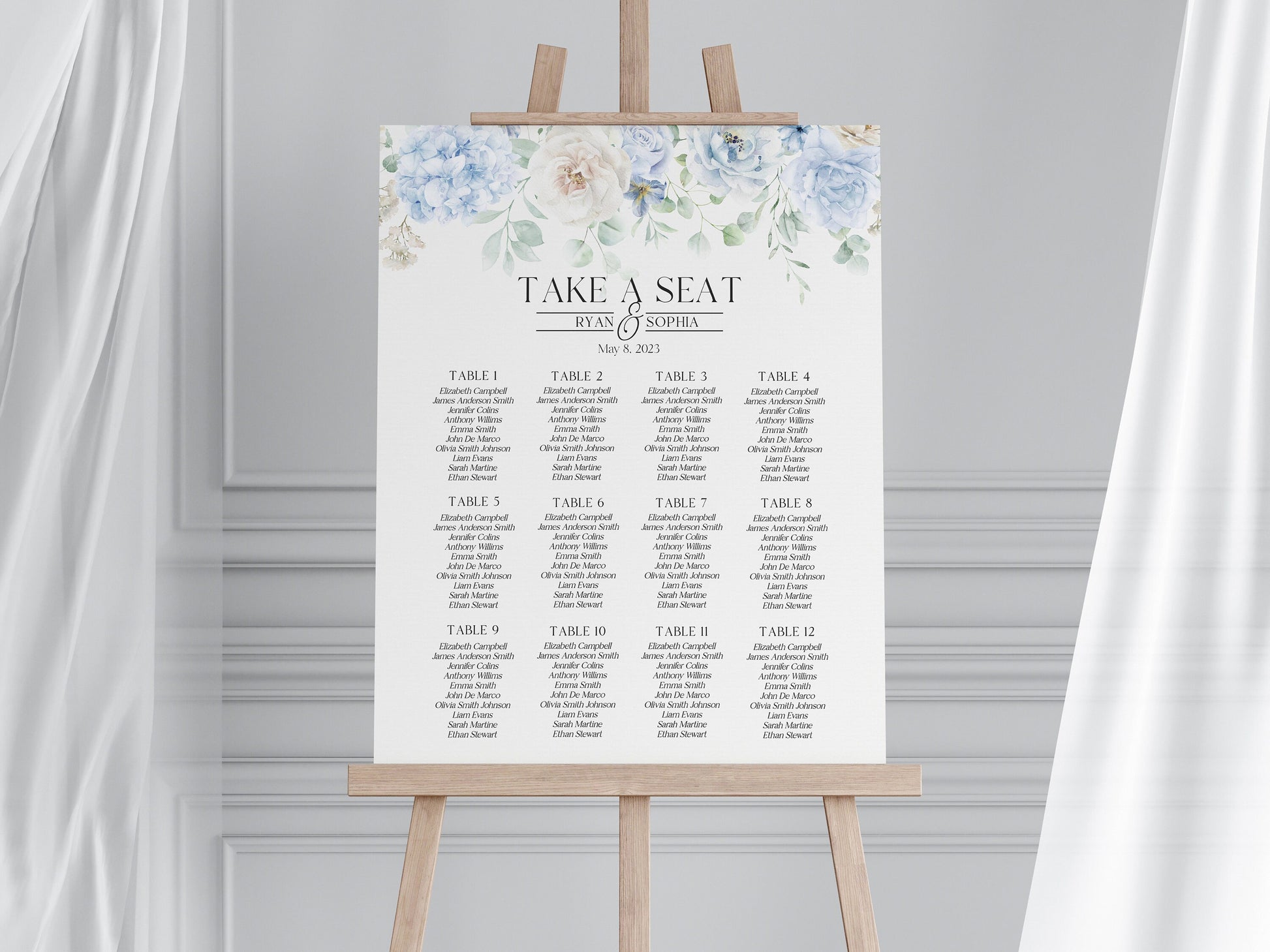 Blue Floral Wedding Seating Chart Cards Printable Template