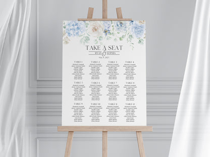 Blue Floral Wedding Seating Chart Cards Printable Template