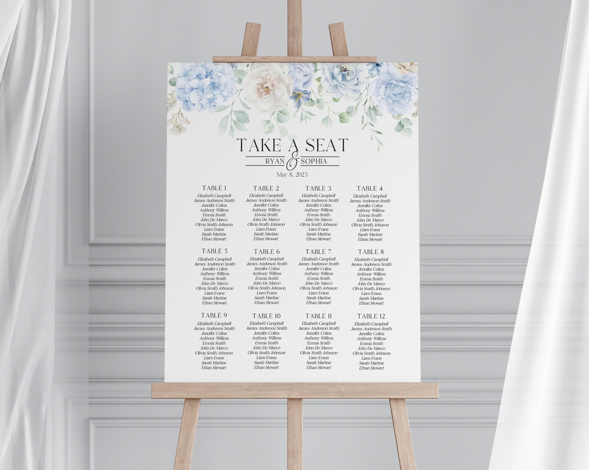 Blue Floral Wedding Seating Chart Printable Template