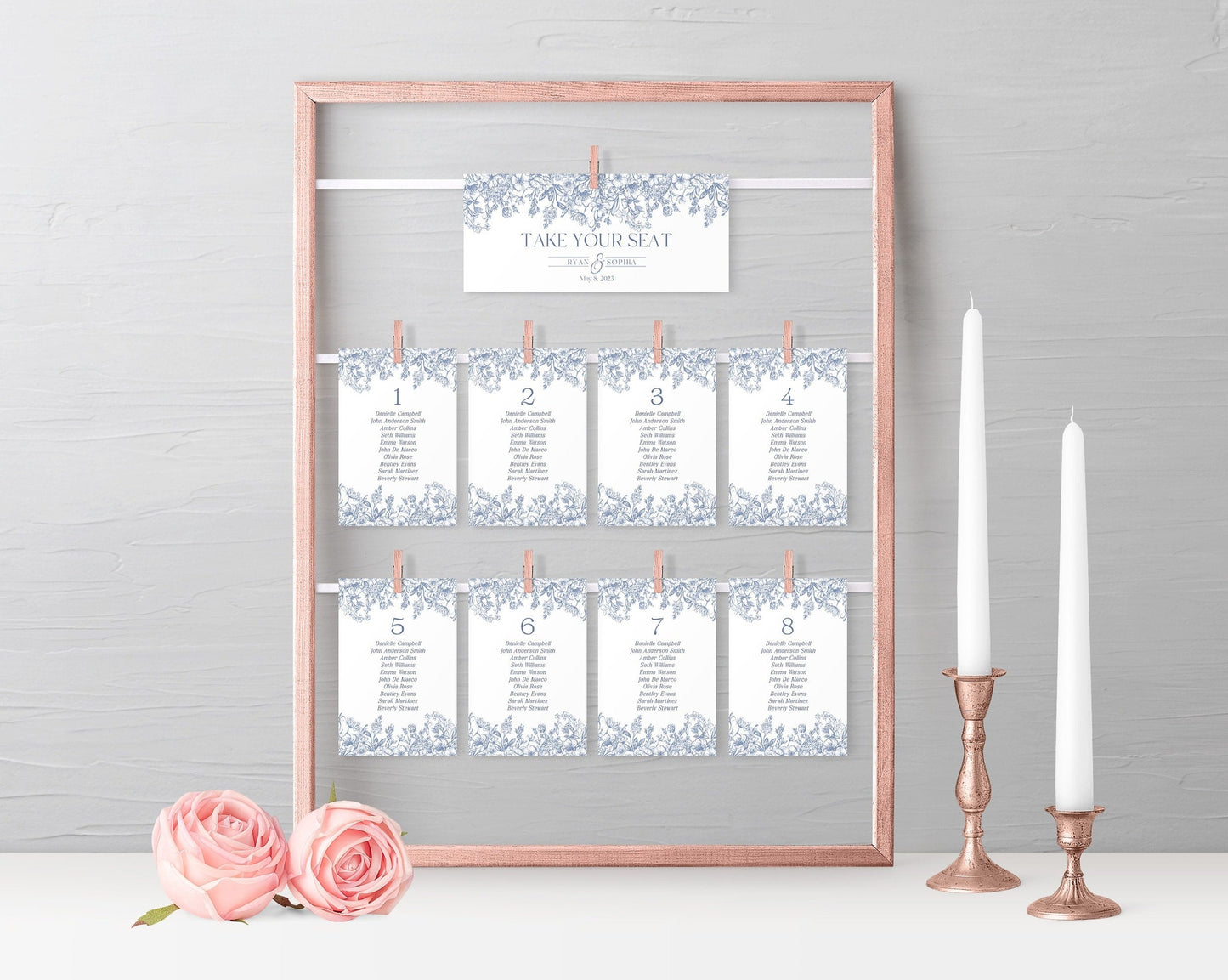 Blue Chinoiserie Wedding Seating Chart Cards Printable Template