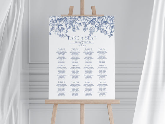 Blue Chinoiserie Wedding Seating Chart Cards Printable Template