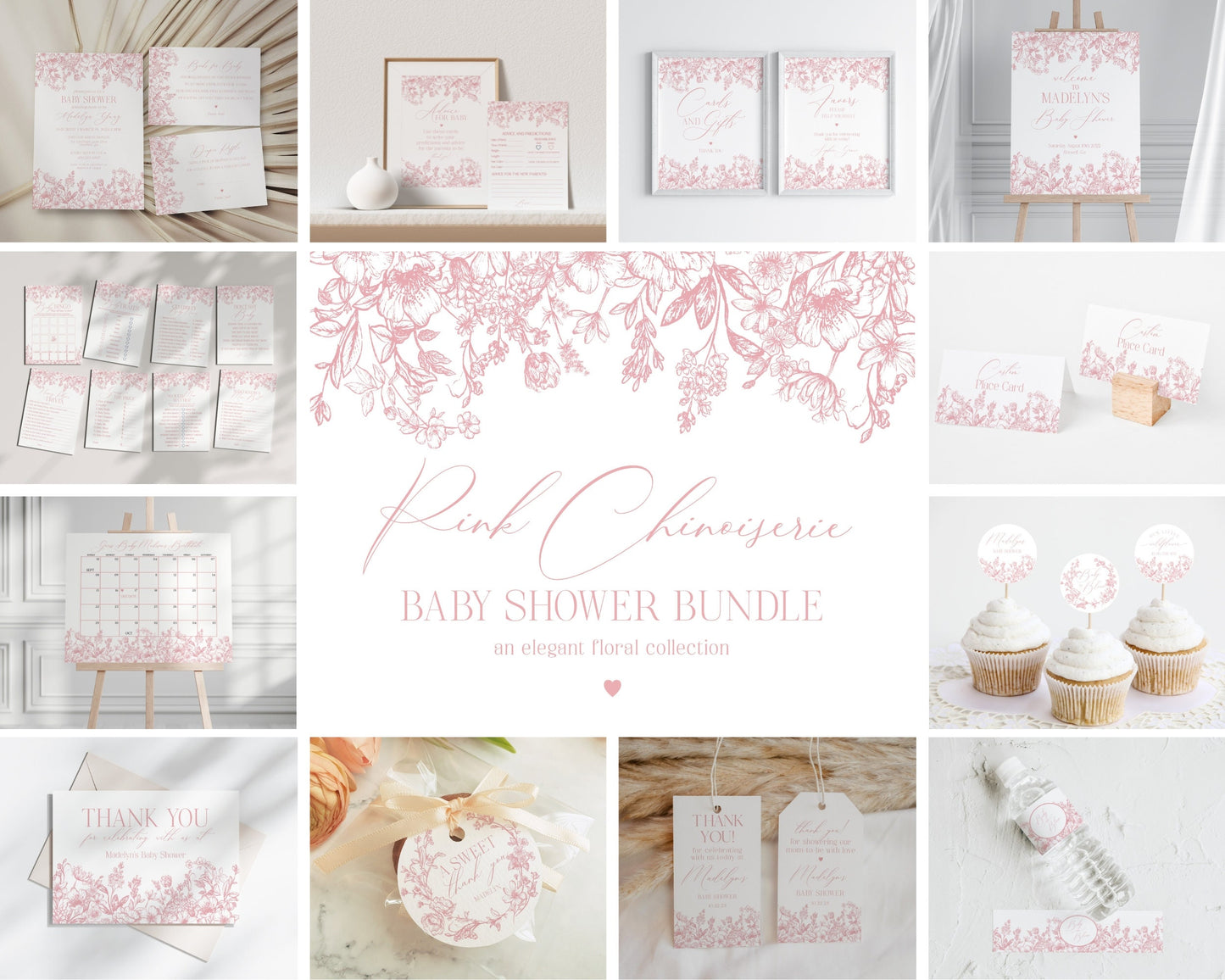 Pink Chinoiserie Baby Shower Printable Bundle, Pink Toile Baby Shower for Spring, Elegant Shower Decor for French Baby Shower