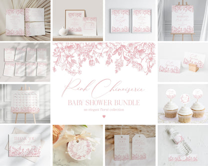 Pink Chinoiserie Baby Shower Printable Bundle, Pink Toile Baby Shower for Spring, Elegant Shower Decor for French Baby Shower