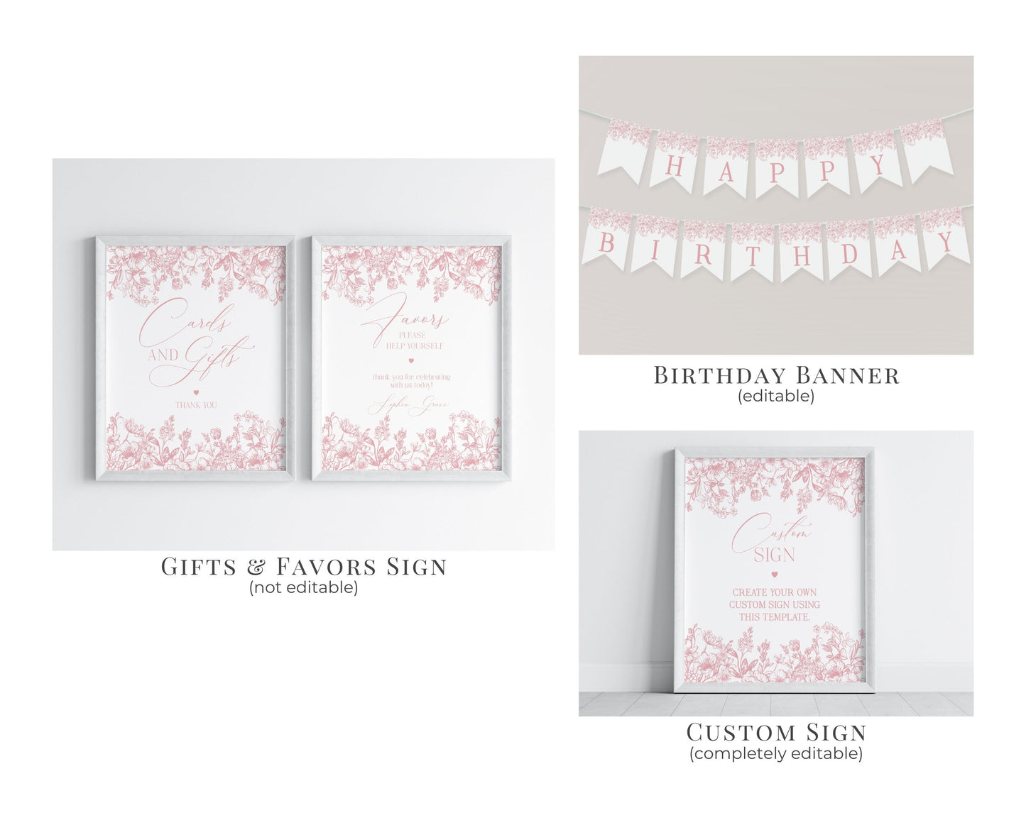 Pink Chinoiserie First Birthday Bundle Printable Template, Elegant Pink Toile Decor for Birthday Party, French Theme Spring Birthday Party