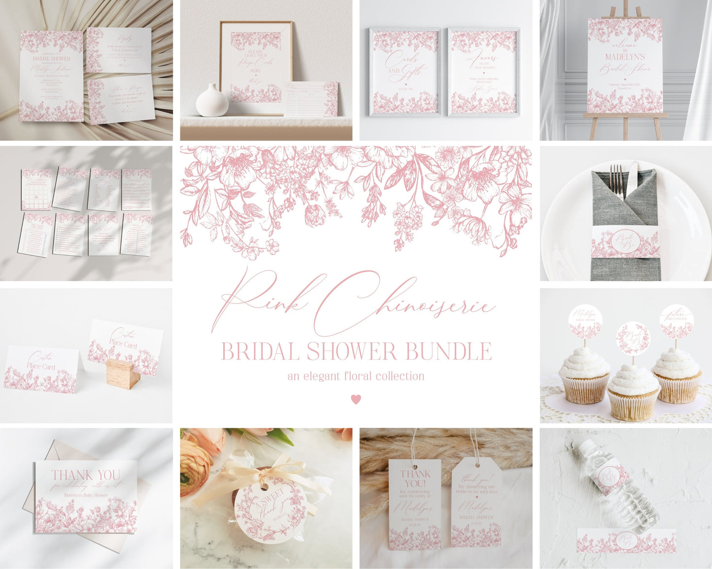 Pink Chinoiserie Bridal Shower Printable Bundle, Pink Chinoiserie Toile Bridal Shower, Spring Shower Decor for French Bridal Shower