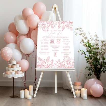 Pink Chinoiserie First Year Milestone Sign Instant Download, Elegant Pink Toile Decor for Birthday Party, French Theme Spring Birthday Party