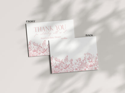 Pink Chinoiserie Thank You Card Printable Template, Elegant Pink Toile Decor for Birthday Party, French Theme Spring Bridal or Baby Shower