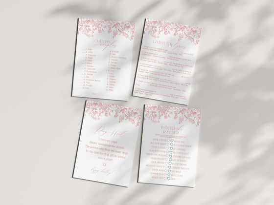 Pink Chinoiserie Bridal Shower Games Set Printable Template, Pink Toile Bridal Shower , Elegant Shower Decor for French Brunch with Bride