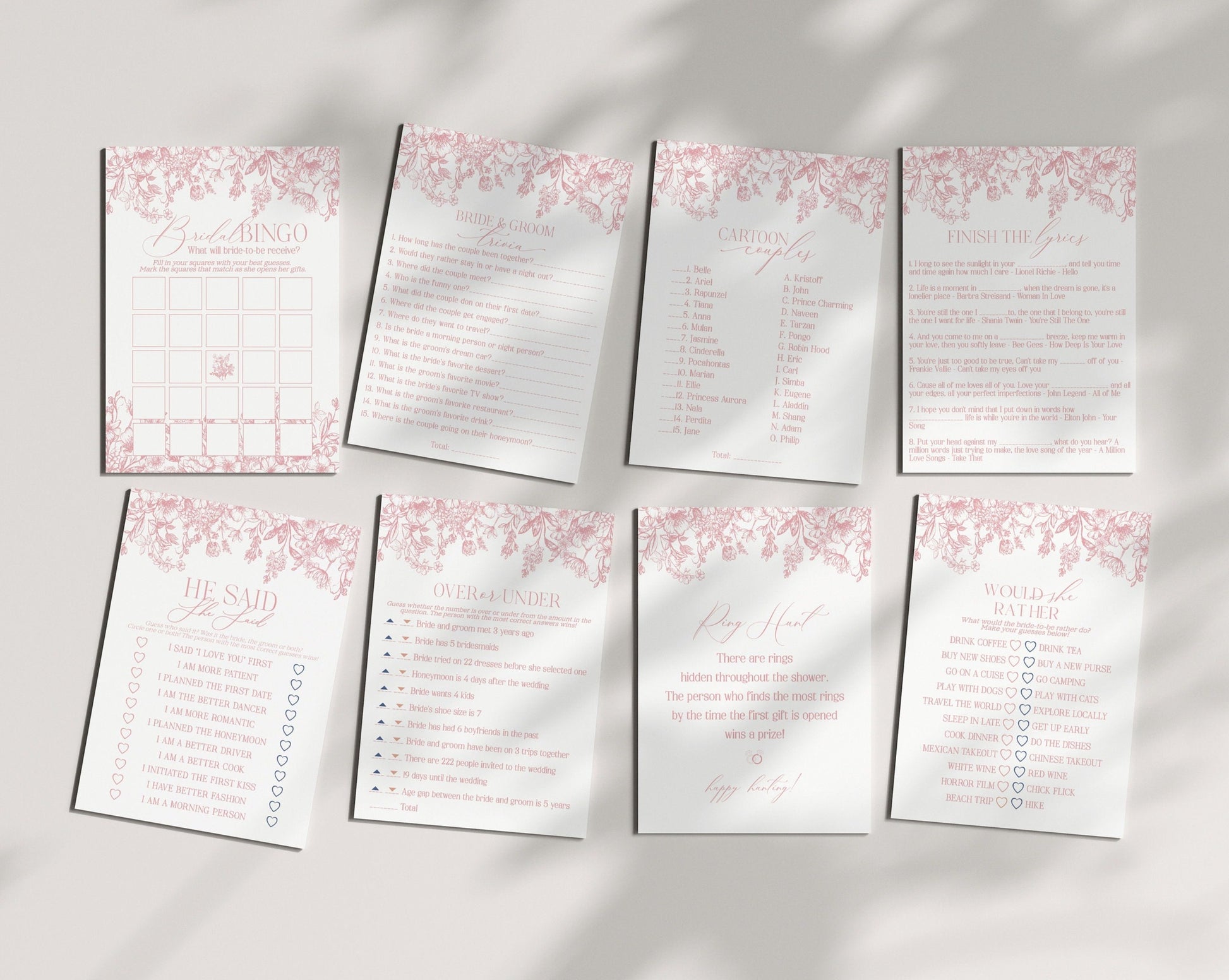 Pink Chinoiserie Bridal Shower Games Set Printable Template, Pink Toile Bridal Shower , Elegant Shower Decor for French Brunch with Bride