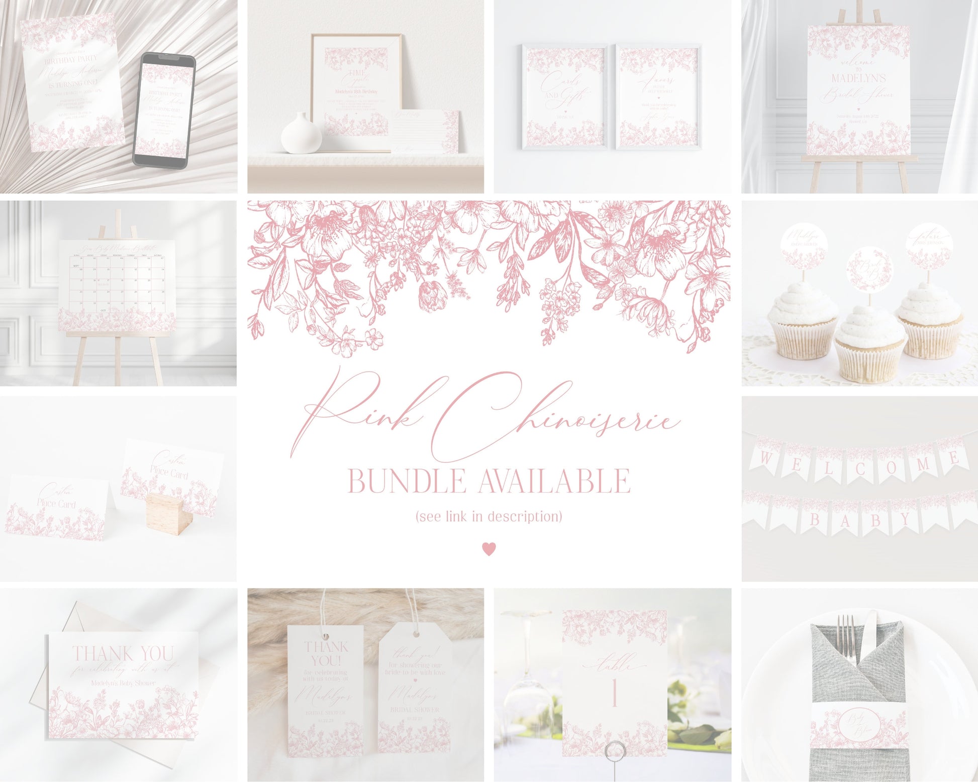 Pink Chinoiserie Baby Shower Banner Printable Template, Pink Toile Baby Shower for Spring, Elegant Shower Decor for French Baby Shower