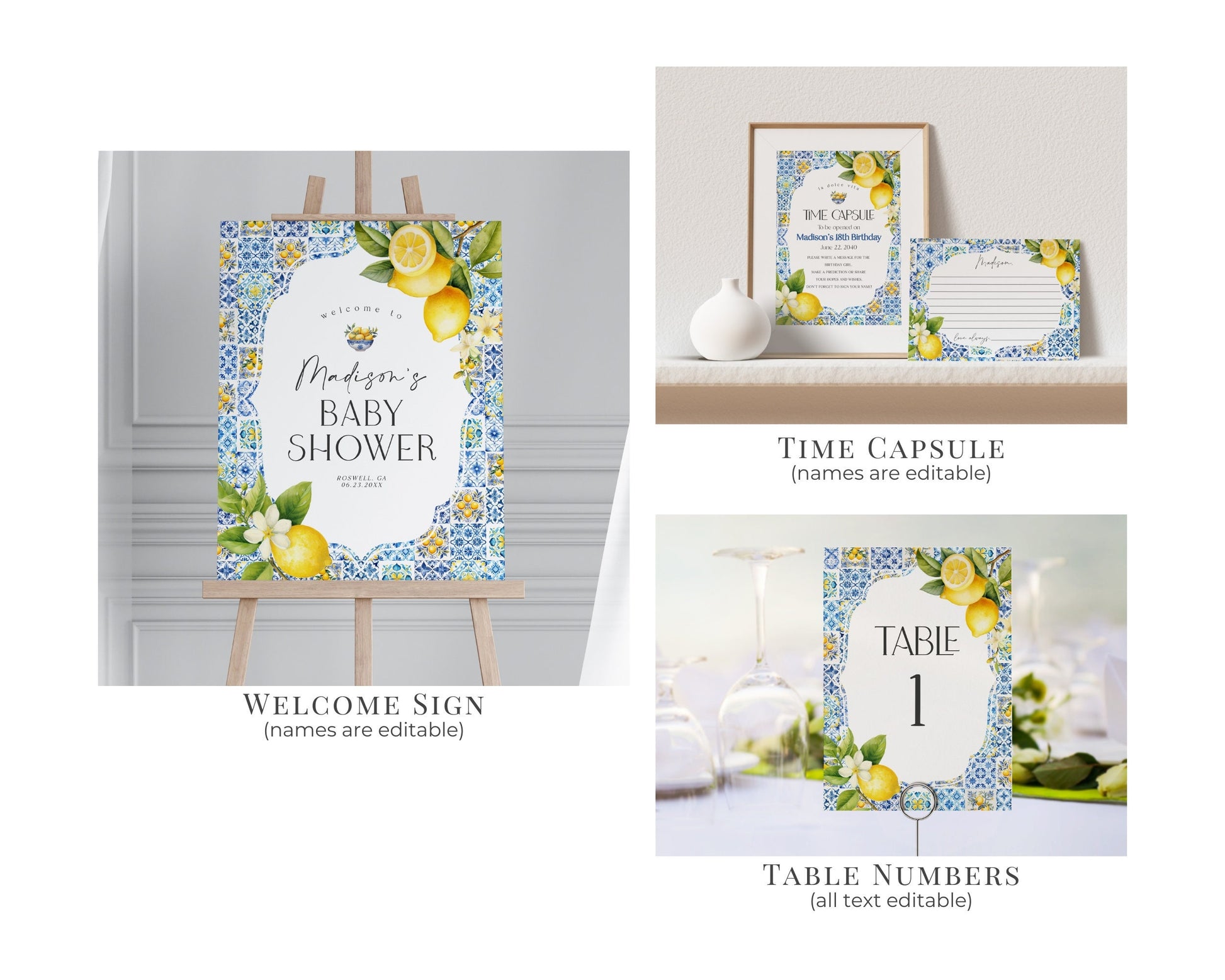 Amalfi Coast Baby Shower Printable Bundle, Lemon Citrus Mediterranean decor with blue tiles, Italian theme tuscan beach party, Coastal Baby